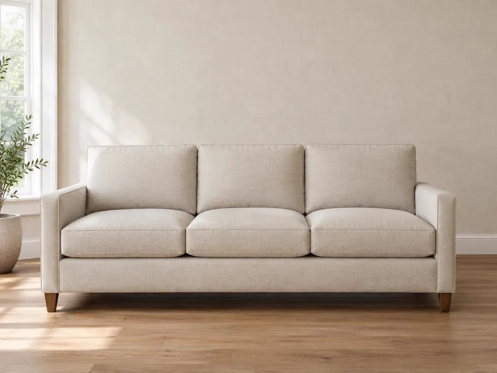 Sofa trzyosobowa po renowacji — nowe obicie z owsianego lnu