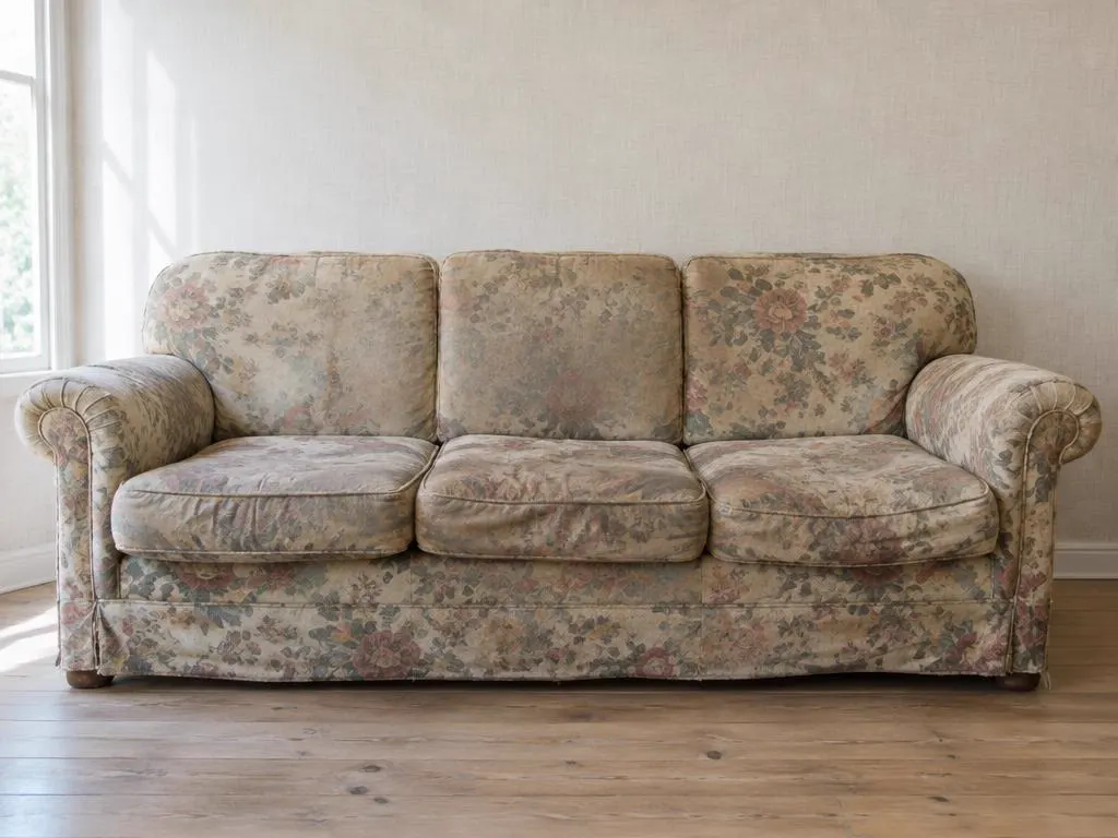 Sofa trzyosobowa przed renowacją — wyblakłe kwieciste obicie
